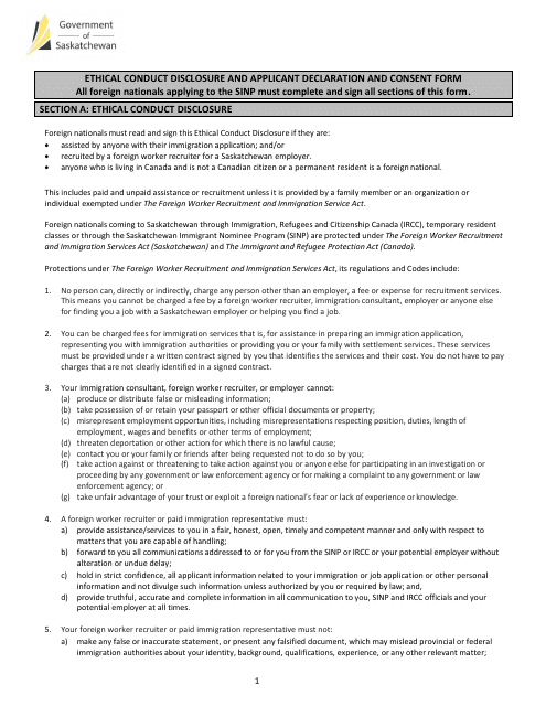 Ethical Conduct Disclosure and Applicant Declaration and Consent Form - Saskatchewan, Canada Download Pdf