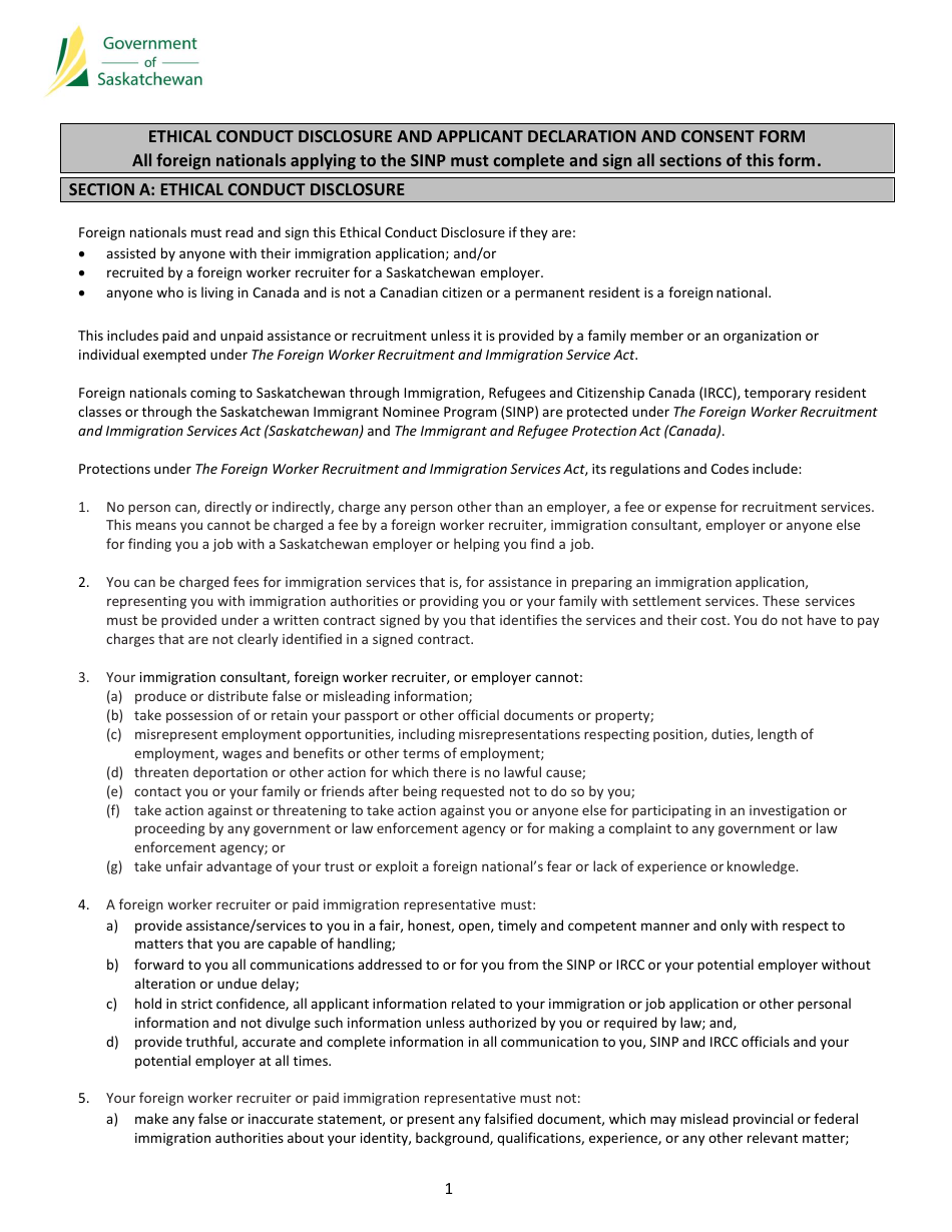 Ethical Conduct Disclosure and Applicant Declaration and Consent Form - Saskatchewan, Canada, Page 1
