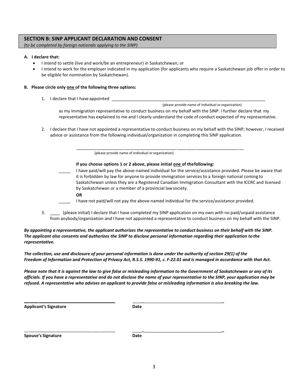 Ethical Conduct Disclosure and Applicant Declaration and Consent Form - Saskatchewan, Canada, Page 3