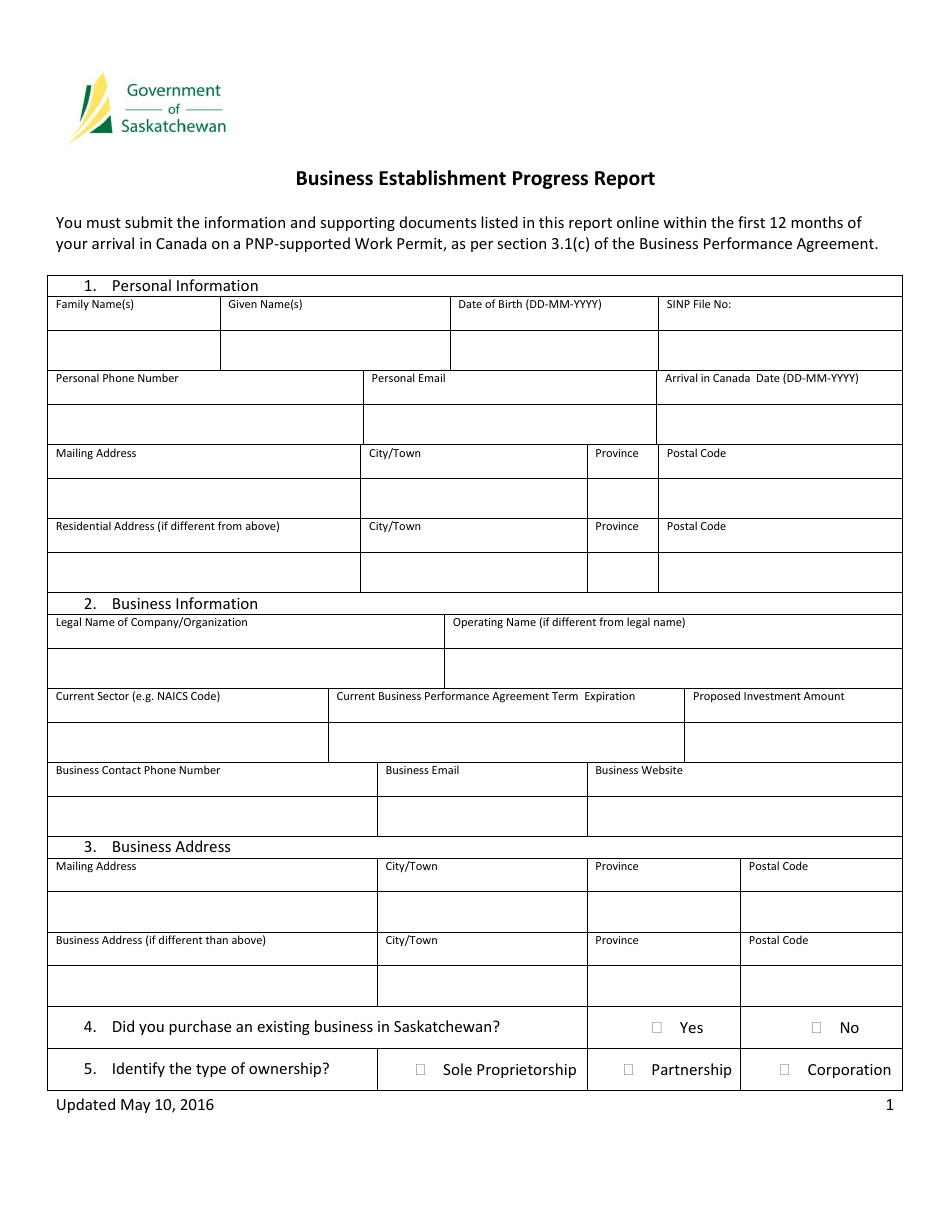 Business Establishment Progress Report - Saskatchewan, Canada, Page 1