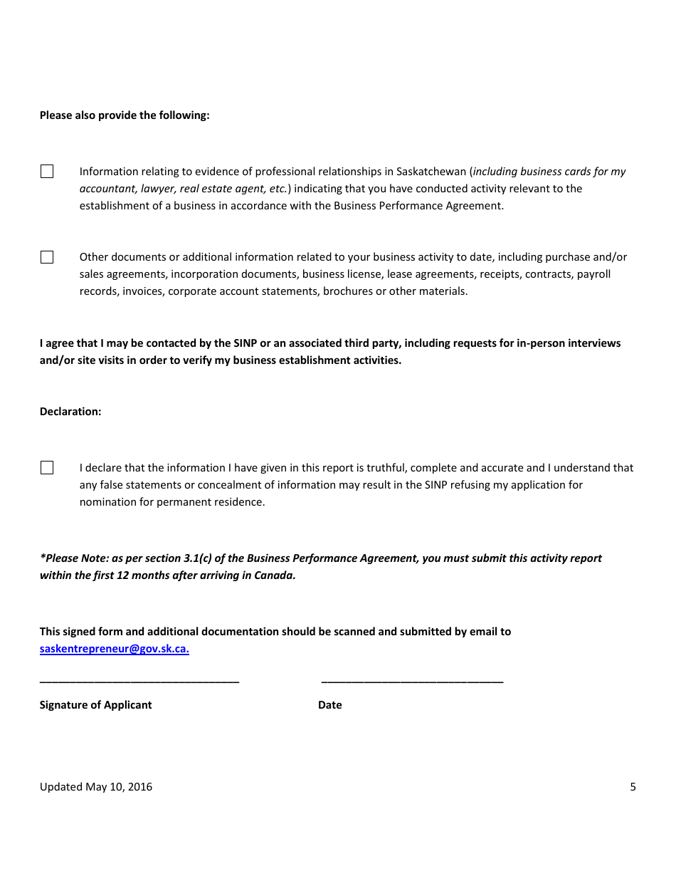 Business Establishment Progress Report - Saskatchewan, Canada, Page 5