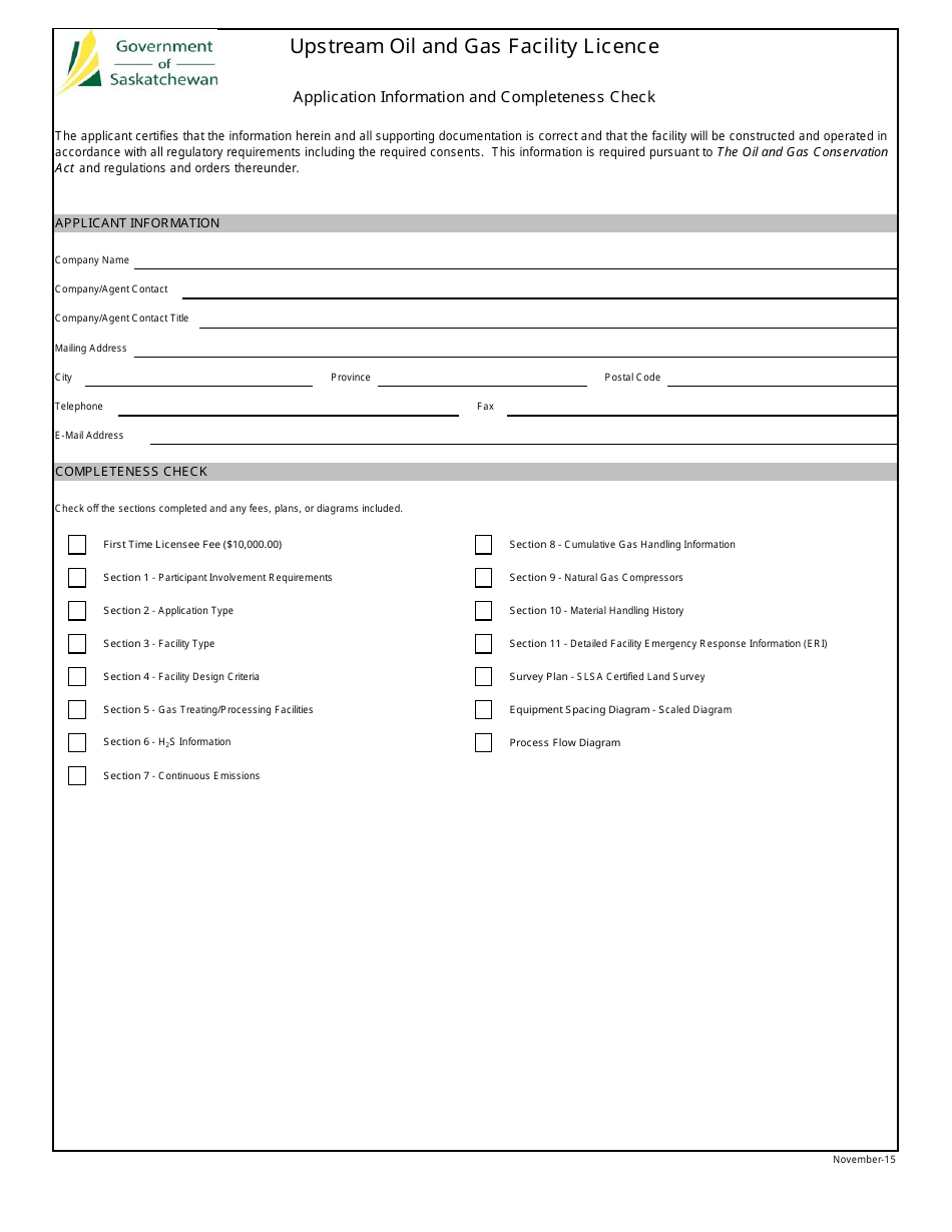 Upstream Oil and Gas Facility Licence Application - Saskatchewan, Canada, Page 1