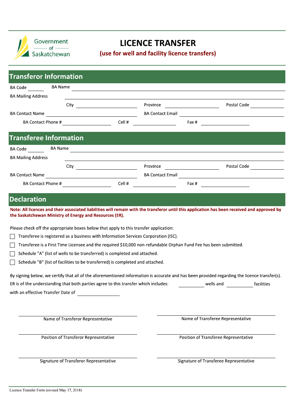 Licence Transfer Application - Saskatchewan, Canada, Page 1