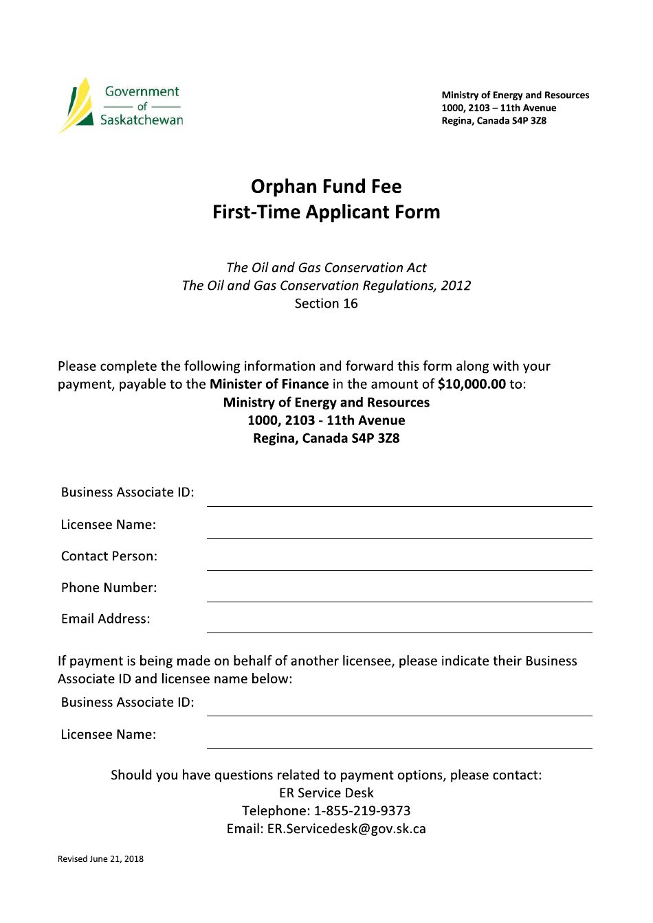 Orphan Fund Fee - First Time Applicant Form - Saskatchewan, Canada, Page 1