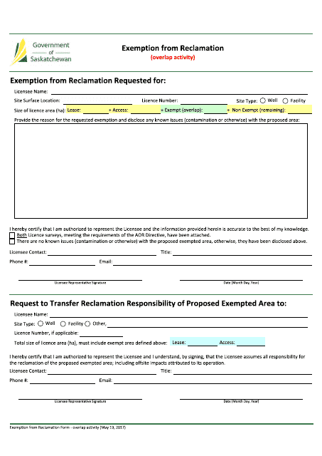 Exemption From Reclamation (Overlap Activity) Form - Saskatchewan, Canada Download Pdf