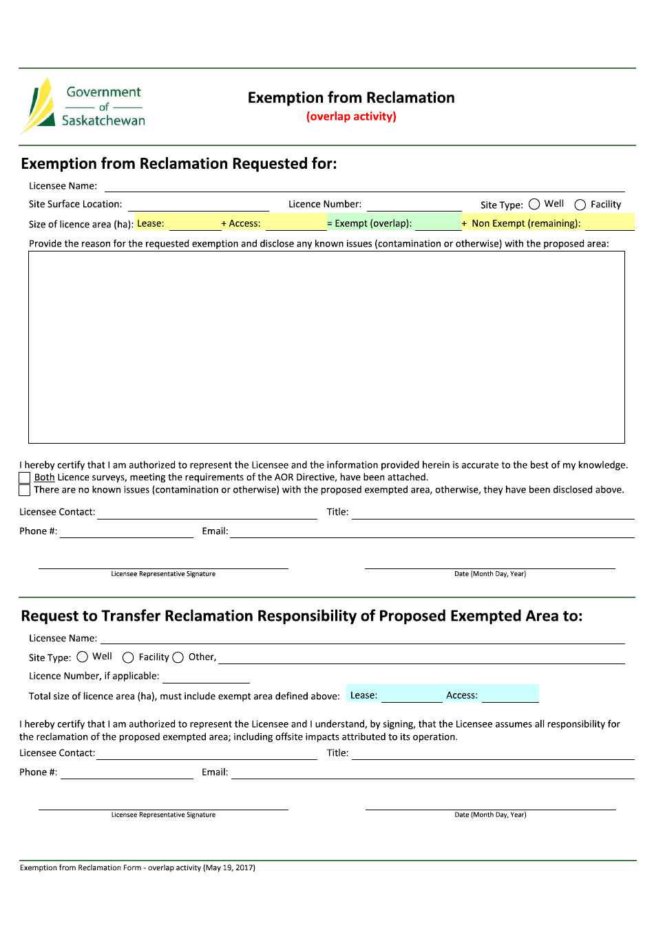Exemption From Reclamation (Overlap Activity) Form - Saskatchewan, Canada, Page 1