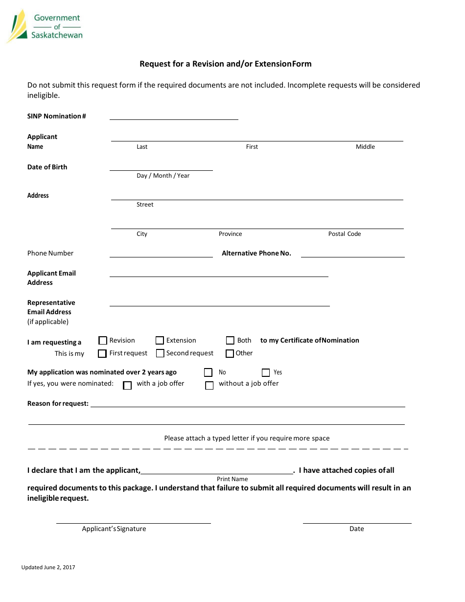 Request for a Revision and / or Extension Form - Saskatchewan, Canada, Page 3