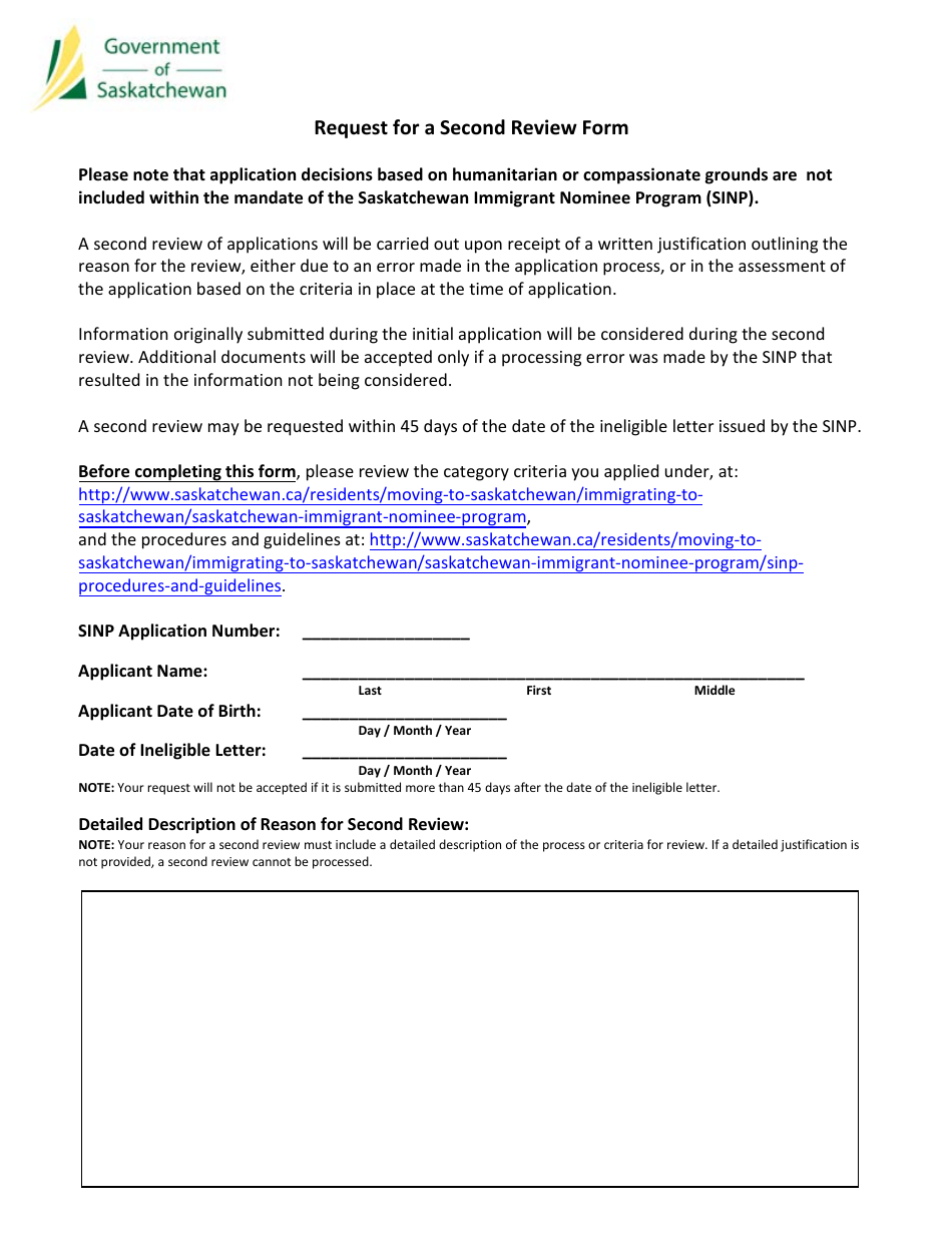 Saskatchewan Canada Request for a Second Review Form Fill Out, Sign