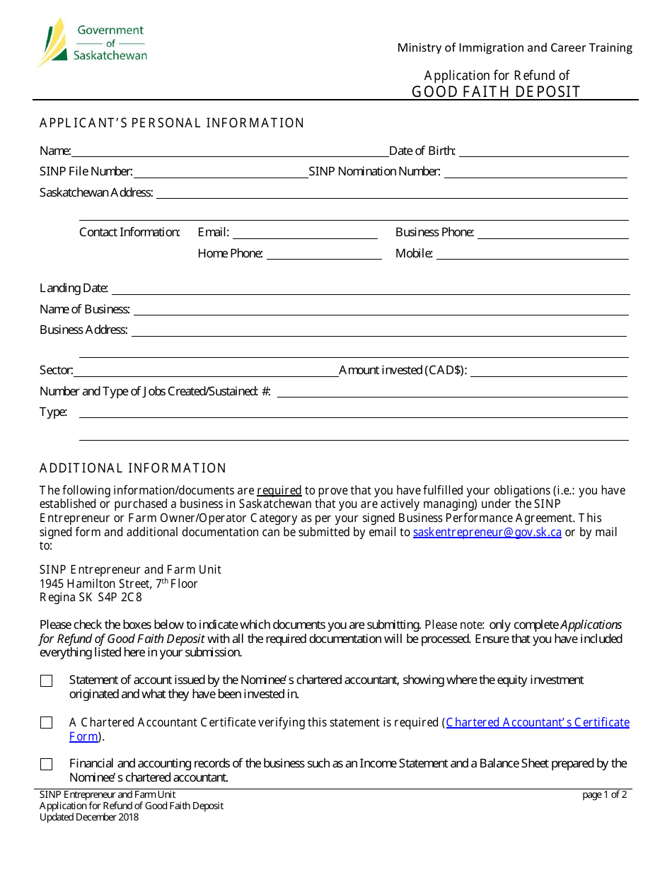 Application for Refund of Good Faith Deposit - Saskatchewan, Canada, Page 1