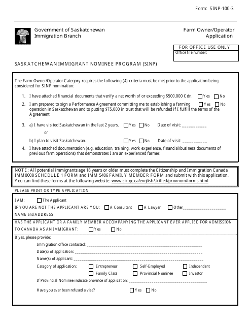 Form SINP-100-3 Farm Owner/Operator Application - Saskatchewan, Canada