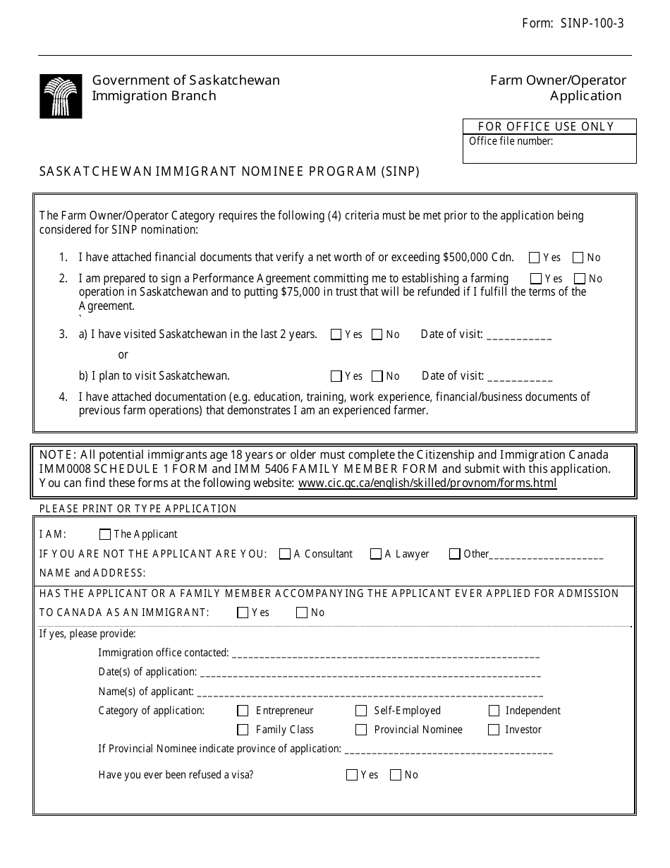 Form SINP-100-3 Farm Owner / Operator Application - Saskatchewan, Canada, Page 1