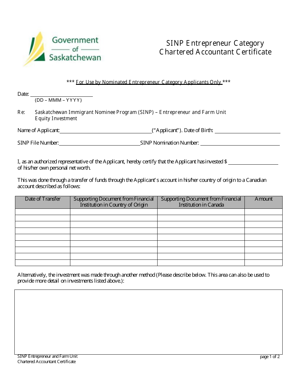 Sinp Entrepreneur Category Chartered Accountant Certificate - Saskatchewan, Canada, Page 1