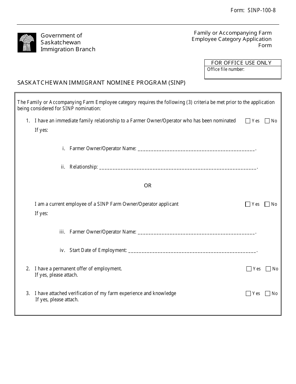 form sinp 100 8 download printable pdf or fill online family or accompanying farm employee category application form saskatchewan canada templateroller