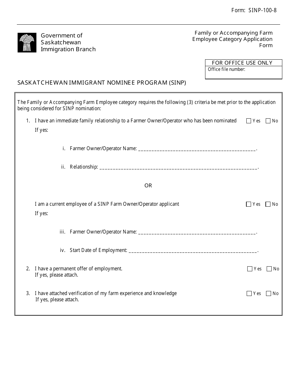 Form SINP-100-8 Family or Accompanying Farm Employee Category Application Form - Saskatchewan, Canada, Page 1