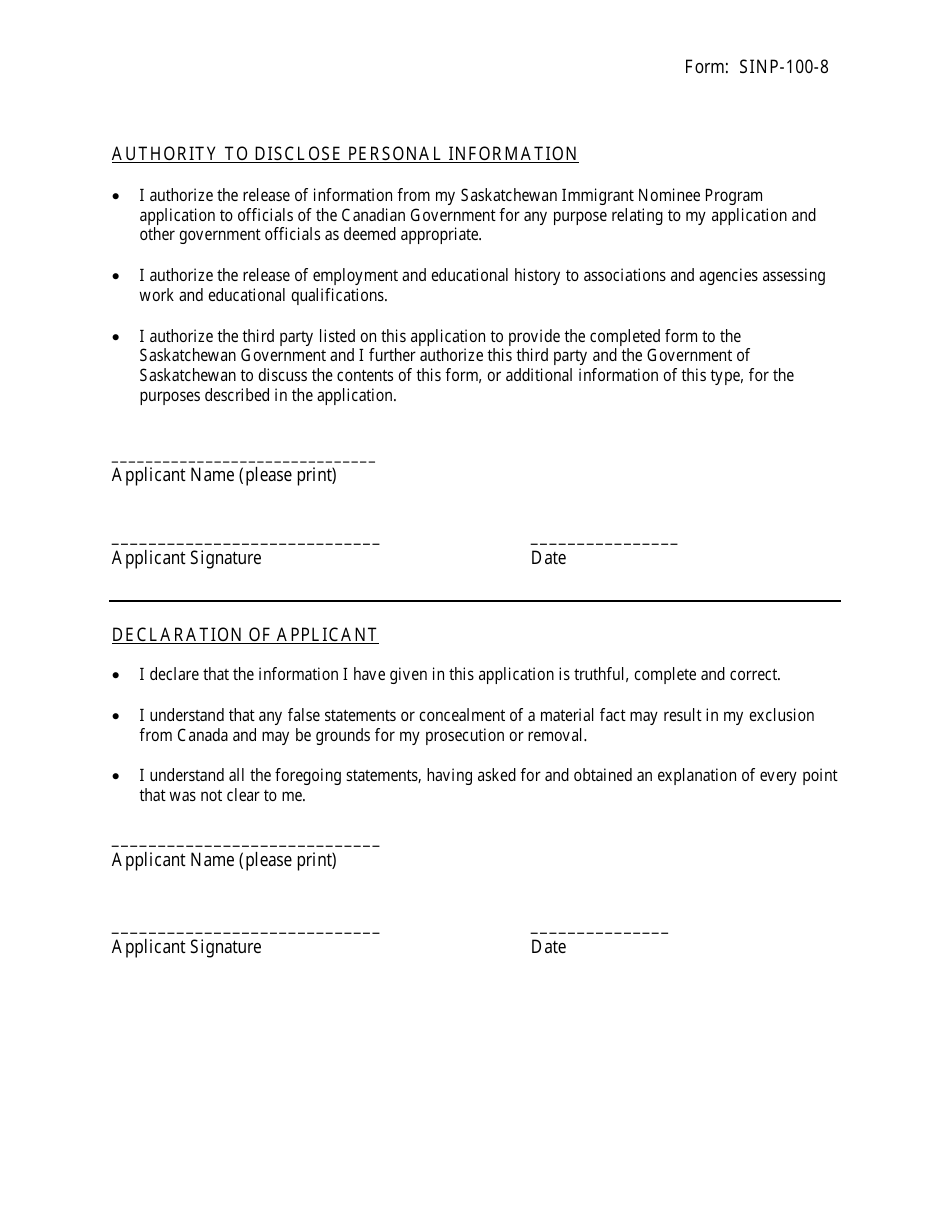 Form SINP-100-8 Family or Accompanying Farm Employee Category Application Form - Saskatchewan, Canada, Page 4