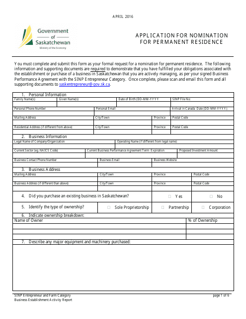 Application for Nomination for Permanent Residence - Saskatchewan, Canada Download Pdf