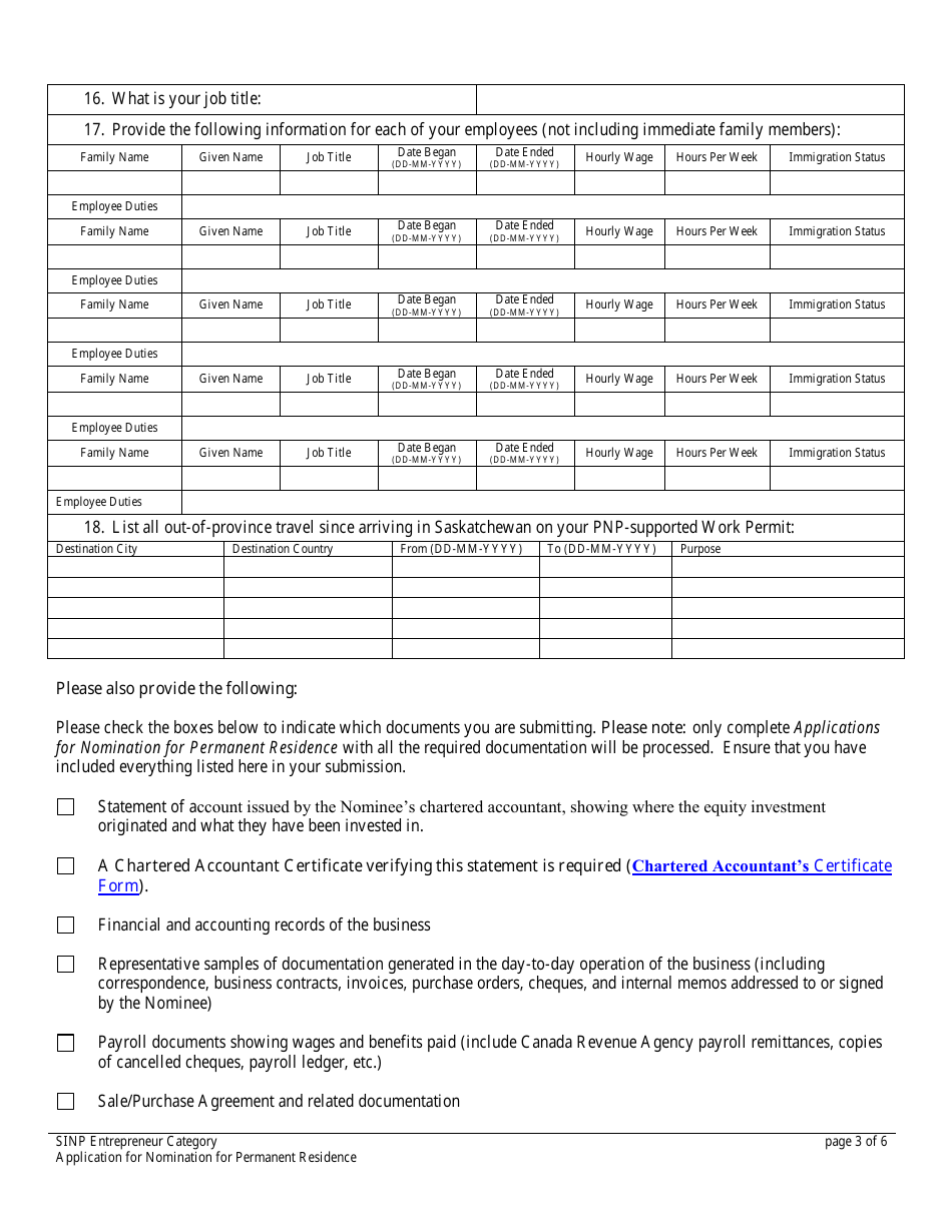 Application for Nomination for Permanent Residence - Saskatchewan, Canada, Page 3