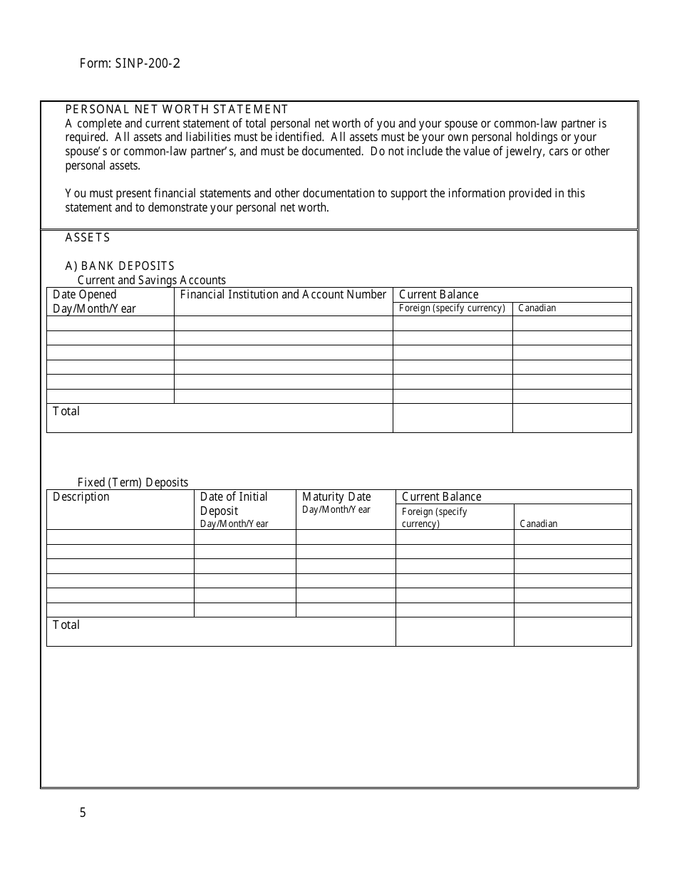 Form SINP200-2 Personal / Business Net Worth - Saskatchewan, Canada, Page 5