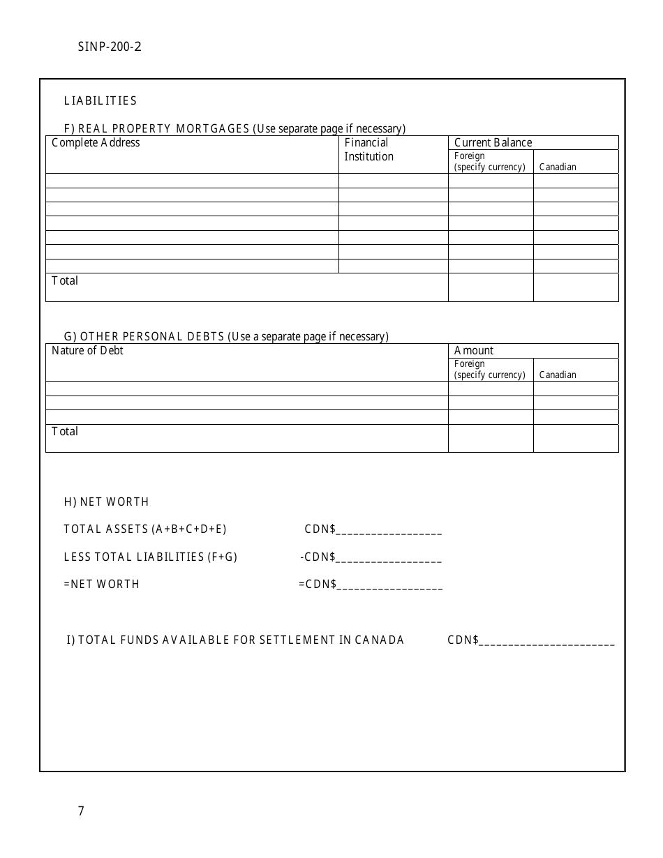 Form SINP200-2 Personal / Business Net Worth - Saskatchewan, Canada, Page 7
