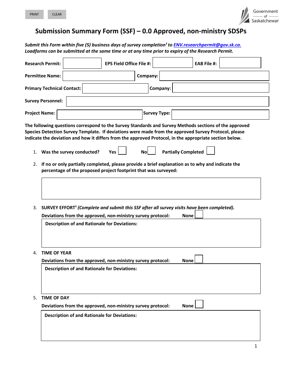 Submission Summary Form (Ssf) - 0.0 Approved, Non-ministry Sdsps - Saskatchewan, Canada, Page 1