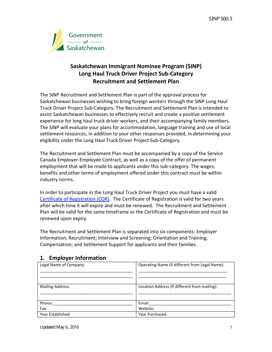 Form SINP500-3 Saskatchewan Immigrant Nominee Program (Sinp) Long Haul Truck Driver Project Sub-category Recruitment and Settlement Plan - Saskatchewan, Canada, Page 1