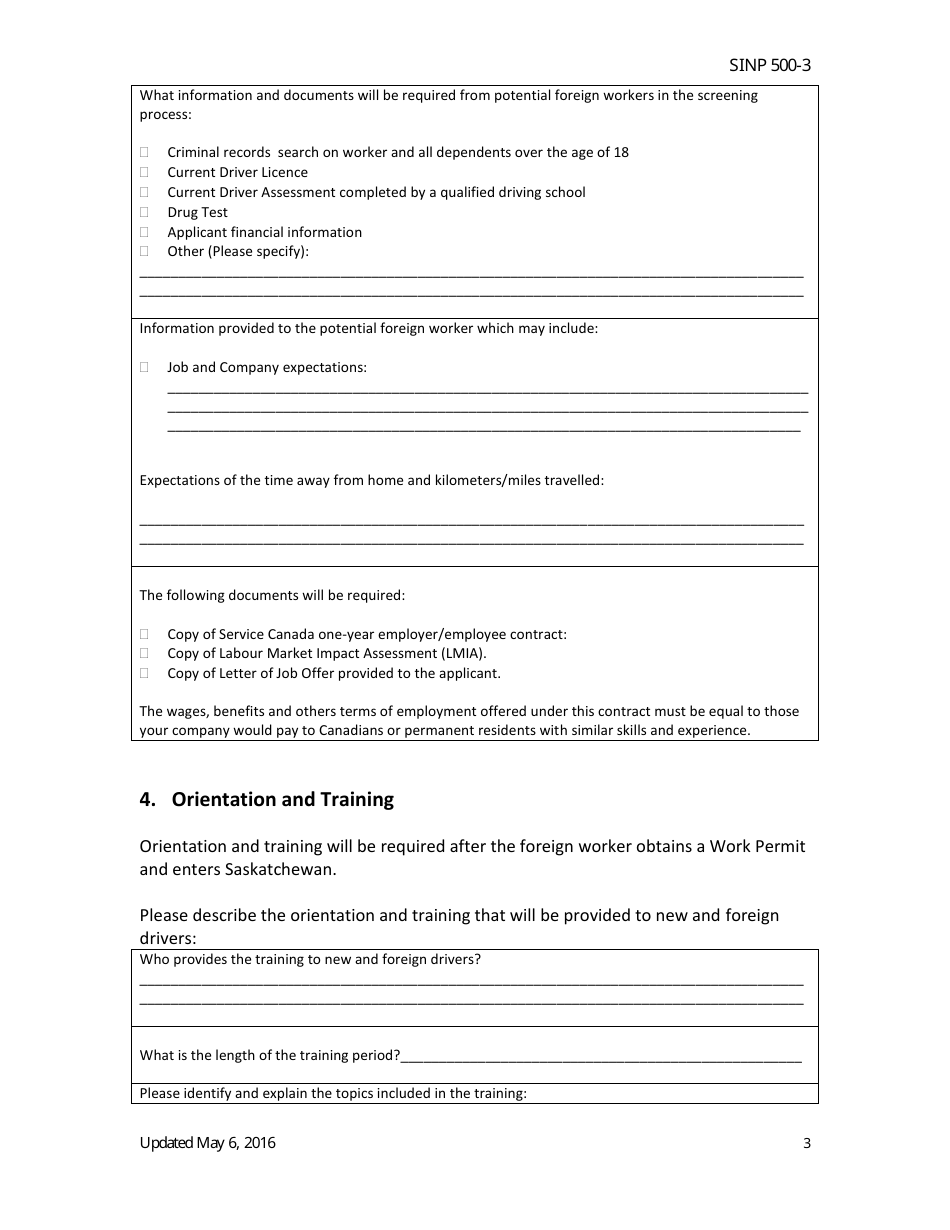 Form SINP500-3 Saskatchewan Immigrant Nominee Program (Sinp) Long Haul Truck Driver Project Sub-category Recruitment and Settlement Plan - Saskatchewan, Canada, Page 3