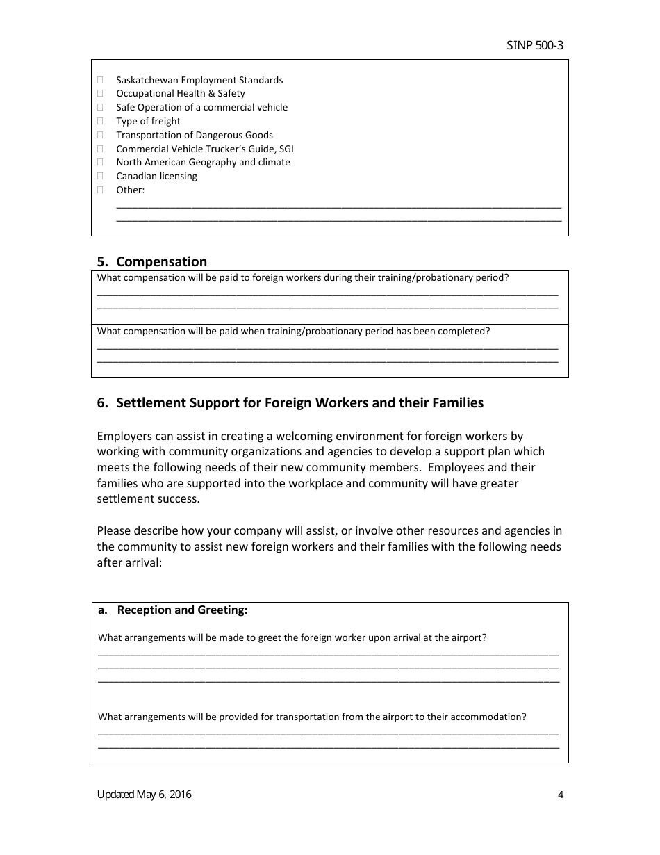 Form SINP500-3 Saskatchewan Immigrant Nominee Program (Sinp) Long Haul Truck Driver Project Sub-category Recruitment and Settlement Plan - Saskatchewan, Canada, Page 4