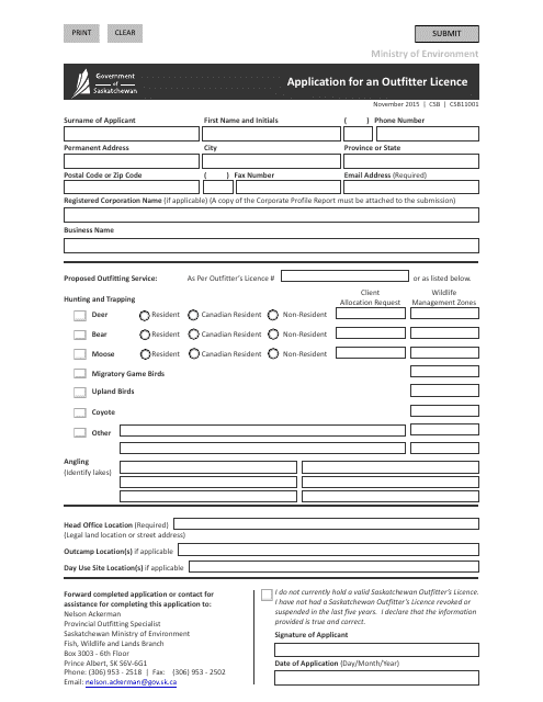 Form CSB11001 Application for an Outfitter Licence - Saskatchewan, Canada