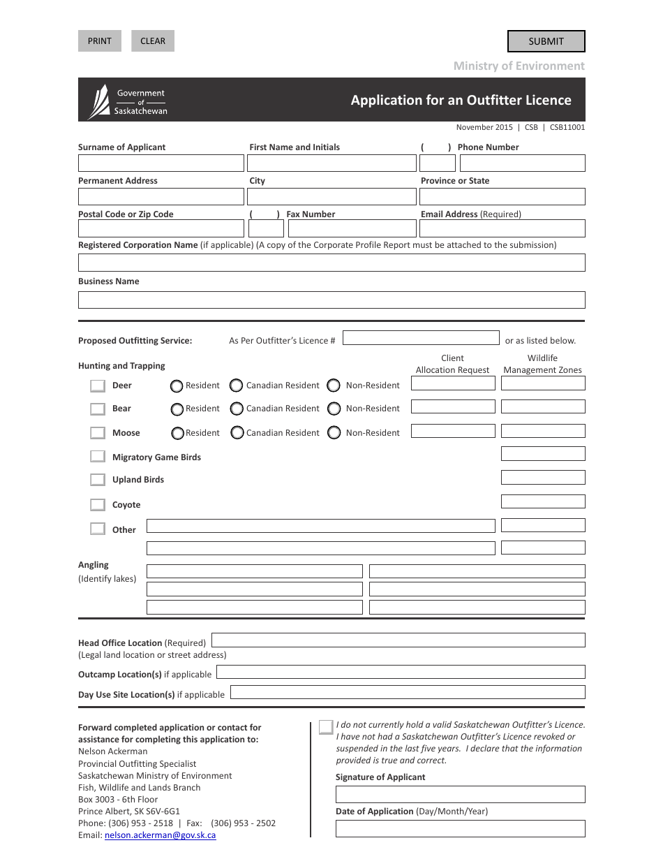 Form CSB11001 Application for an Outfitter Licence - Saskatchewan, Canada, Page 1