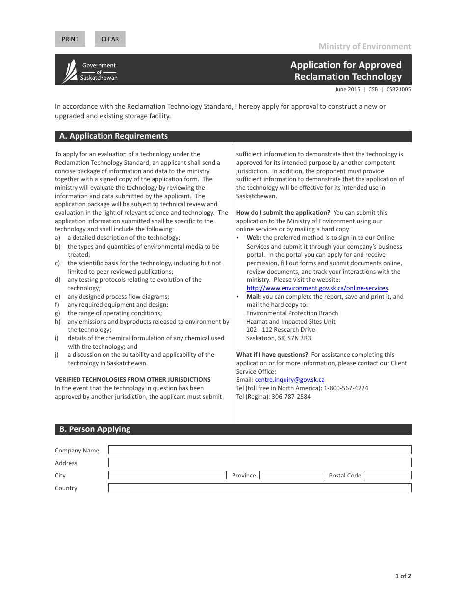 Form CSB21005 Application for Approved Reclamation Technology - Saskatchewan, Canada, Page 1