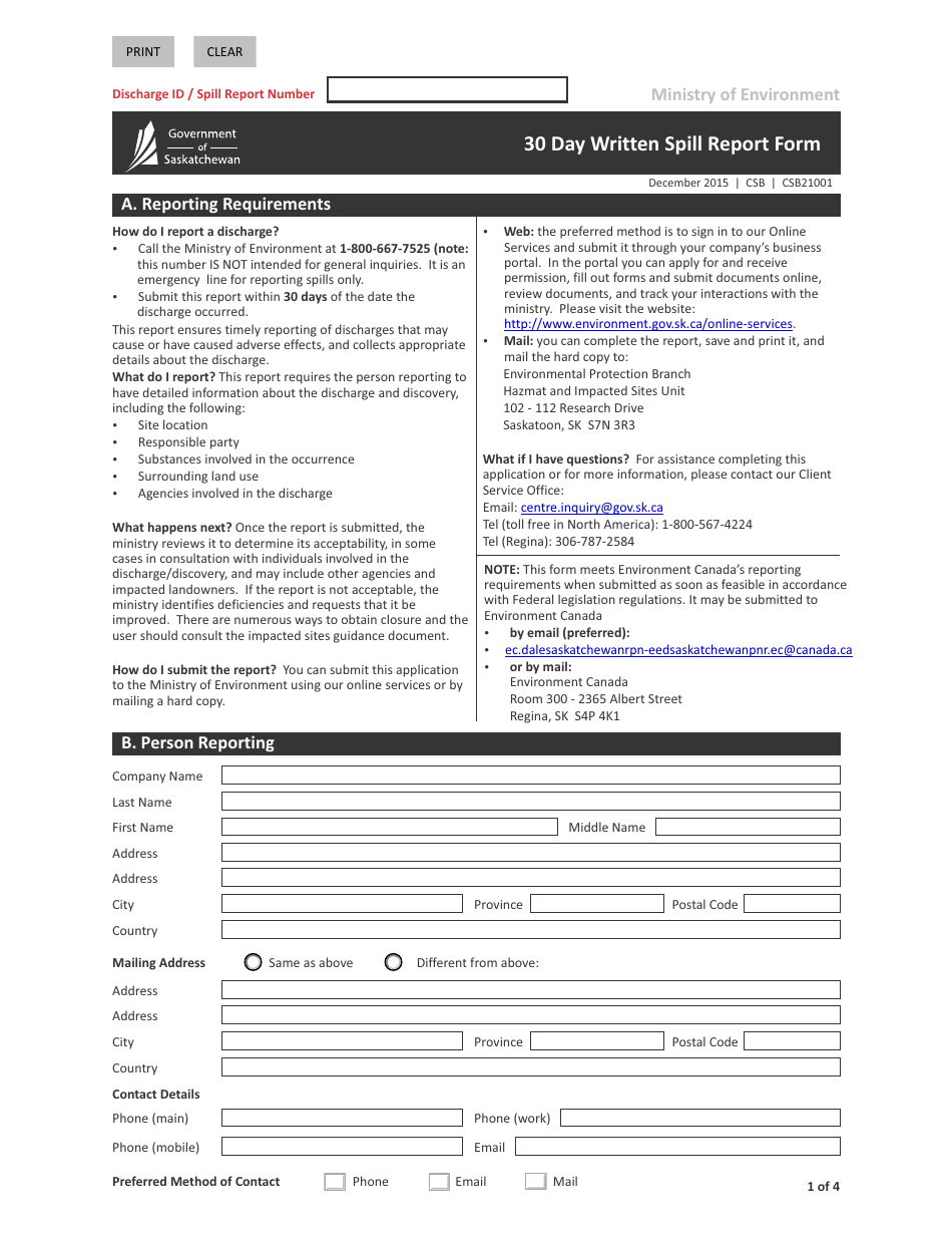 Form CSB21001 30 Day Written Spill Report Form - Saskatchewan, Canada, Page 1