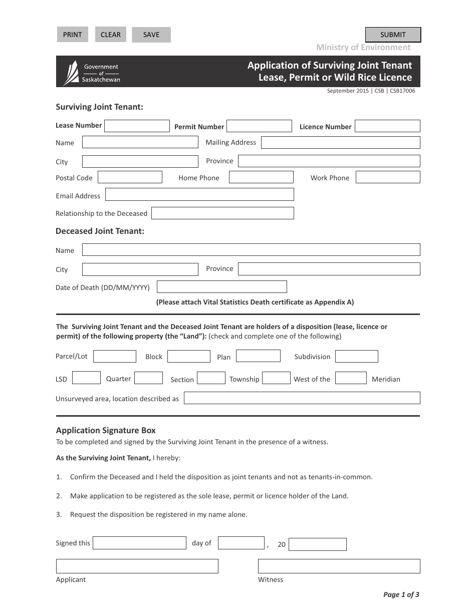 Form CSB17006 Application of Surviving Joint Tenant Lease, Permit or Wild Rice Licence - Saskatchewan, Canada, Page 1