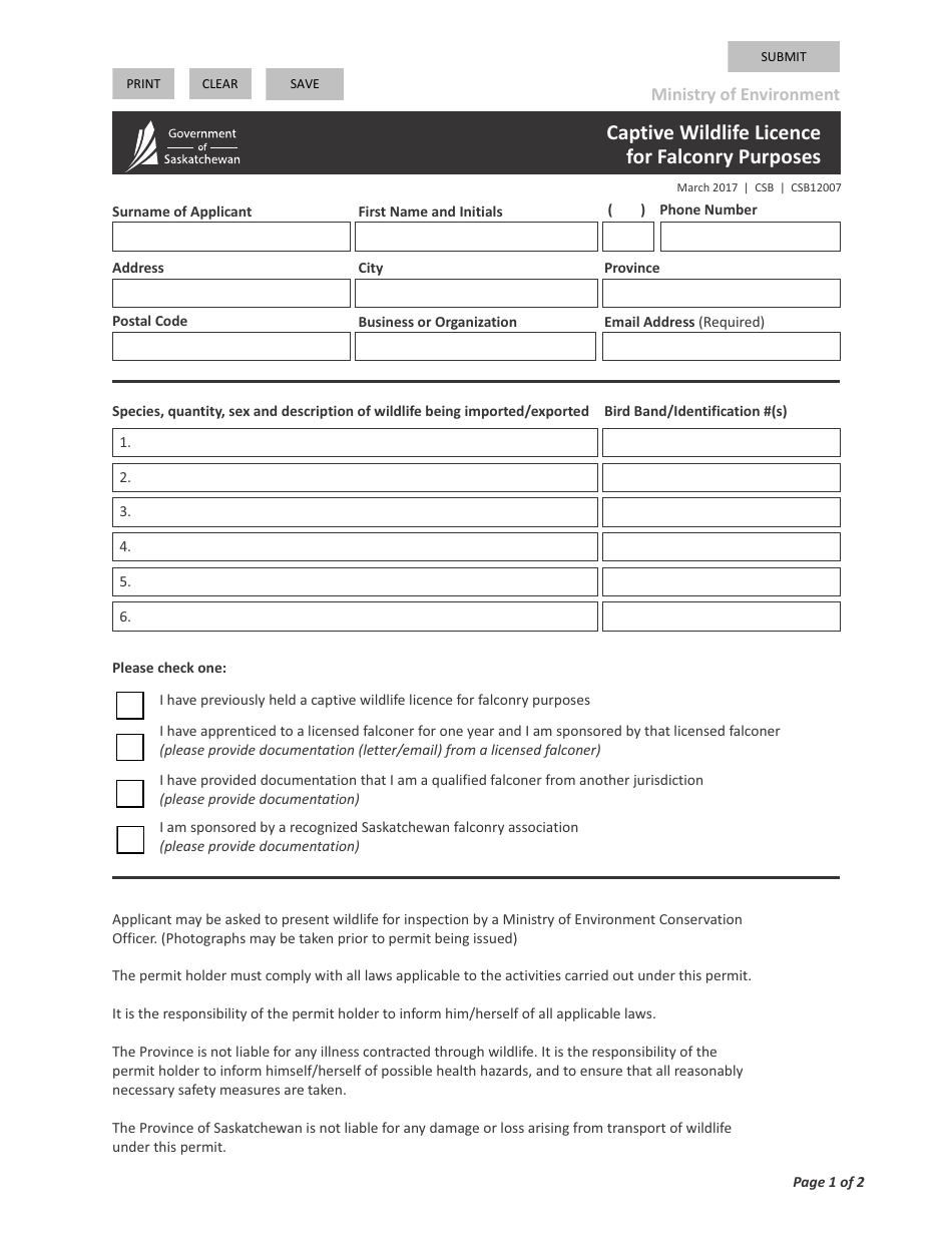 Form CSB12007 Captive Wildlife Licence for Falconry Purposes - Saskatchewan, Canada, Page 1
