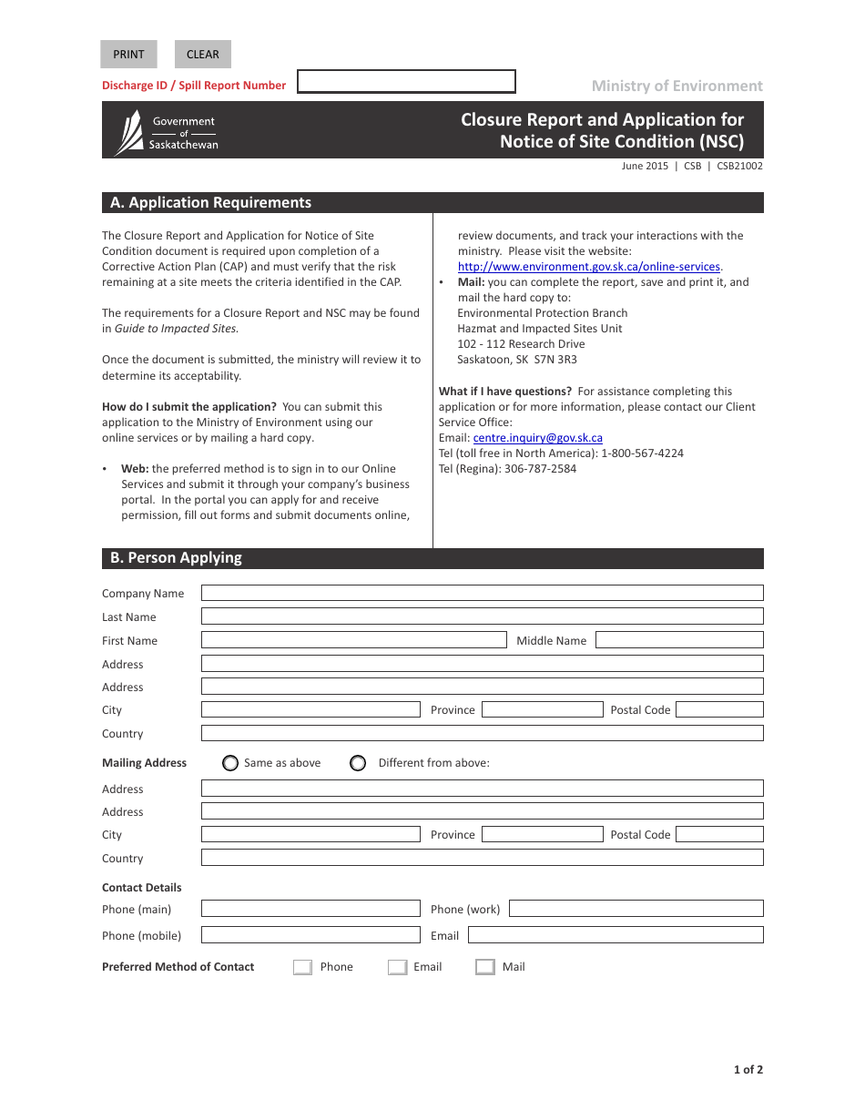 Closure Application Form Form CSB21002 - Fill Out, Sign Online and Download Fillable PDF ...