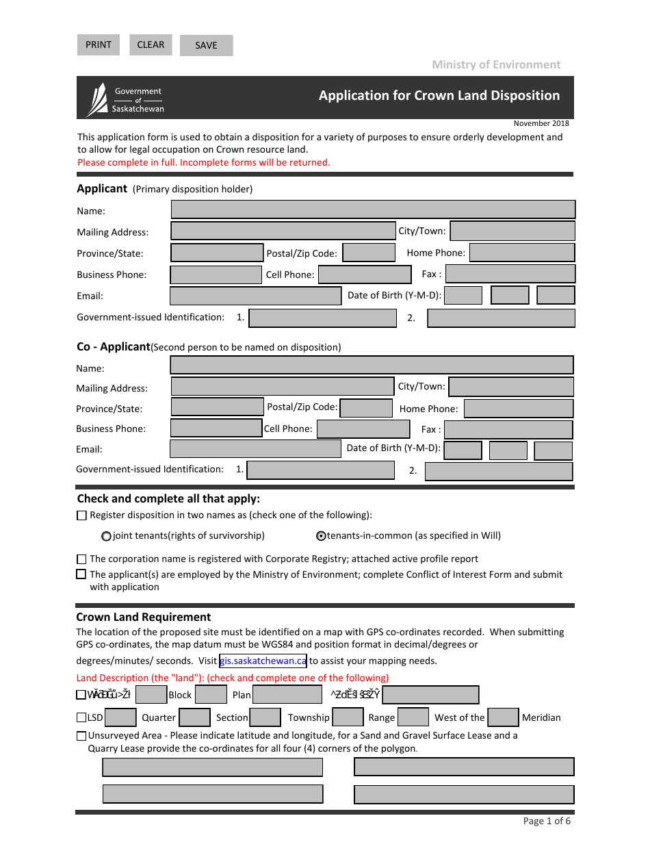 Application for Crown Land Disposition - Saskatchewan, Canada, Page 1