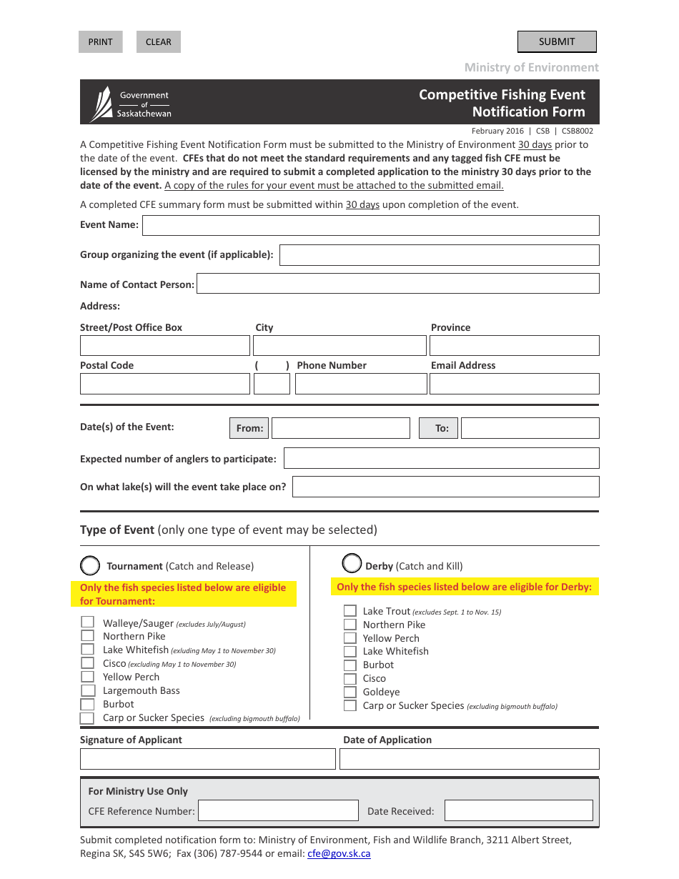 Form CSB8002 Competitive Fishing Event Notification Form - Saskatchewan, Canada, Page 1