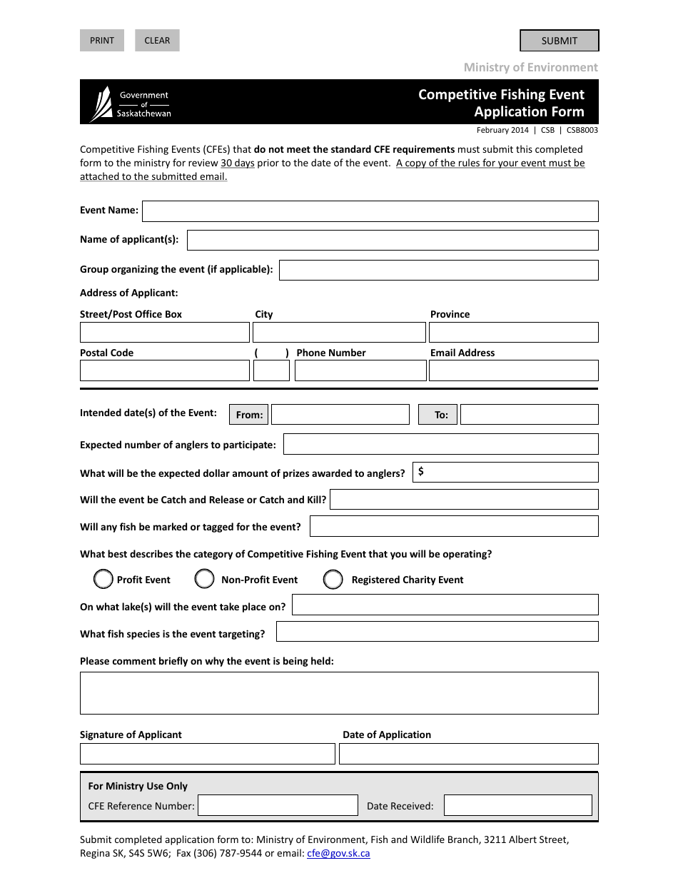 Form CSB8003 Competitive Fishing Event Application Form - Saskatchewan, Canada, Page 1