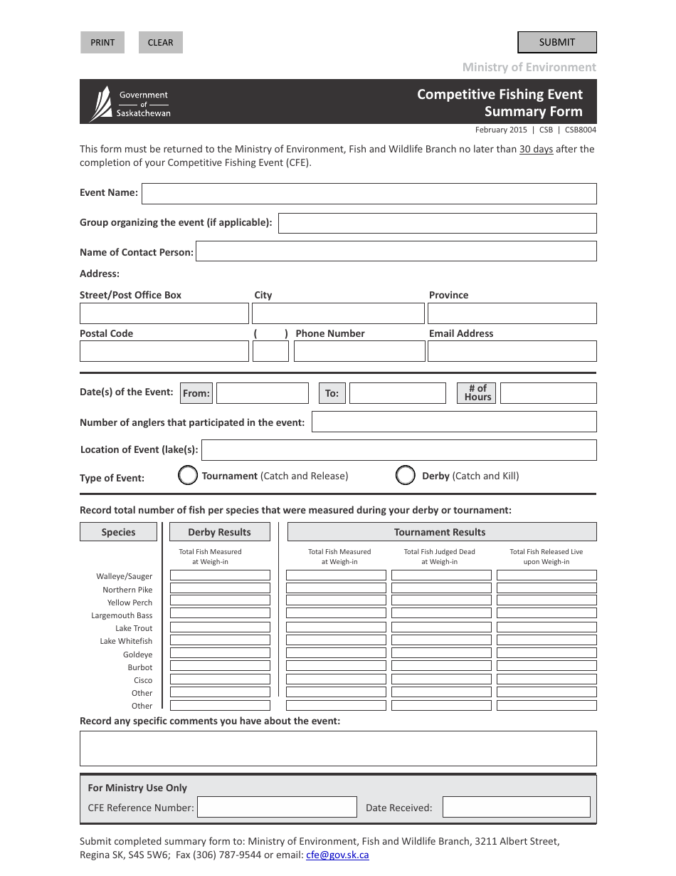 Form CSB8004 Competitive Fishing Event Summary Form - Saskatchewan, Canada, Page 1