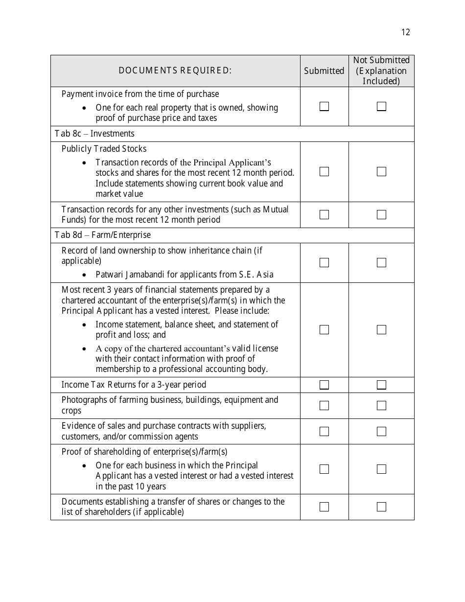 Saskatchewan Immigrant Nominee Program - Farm Owner / Operator Category Document Checklist - Saskatchewan, Canada, Page 12