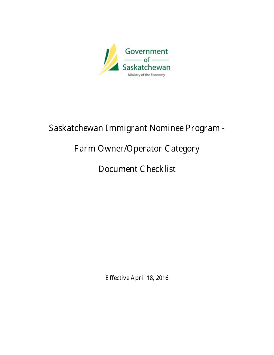 Saskatchewan Immigrant Nominee Program - Farm Owner / Operator Category Document Checklist - Saskatchewan, Canada, Page 1