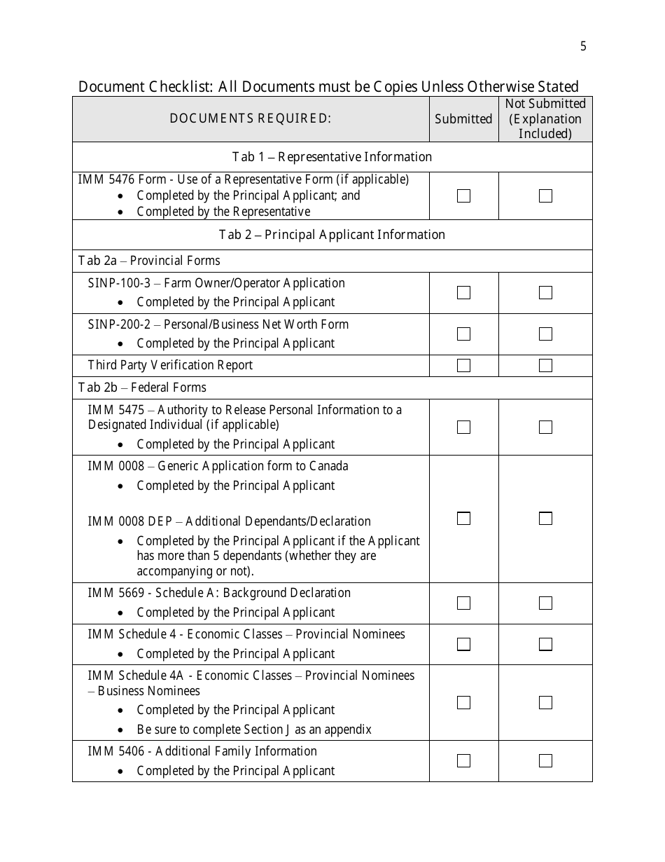 Saskatchewan Immigrant Nominee Program - Farm Owner / Operator Category Document Checklist - Saskatchewan, Canada, Page 5