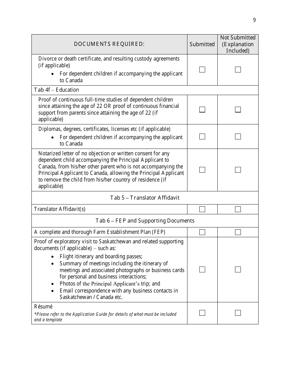 Saskatchewan Immigrant Nominee Program - Farm Owner / Operator Category Document Checklist - Saskatchewan, Canada, Page 9