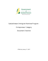 &quot;Saskatchewan Immigrant Nominee Program - Entrepreneur Category Document Checklist&quot; - Saskatchewan, Canada