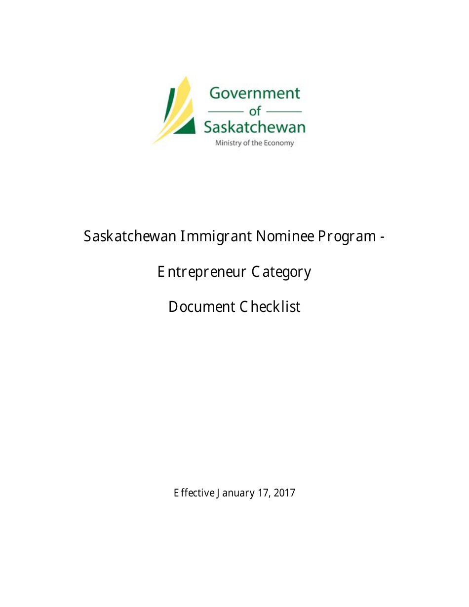 Saskatchewan Immigrant Nominee Program - Entrepreneur Category Document Checklist - Saskatchewan, Canada, Page 1