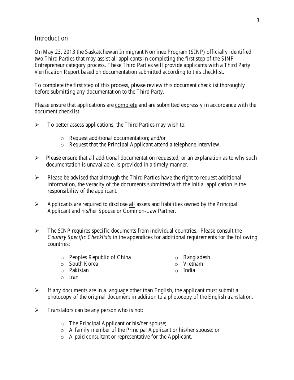 Saskatchewan Immigrant Nominee Program - Entrepreneur Category Document Checklist - Saskatchewan, Canada, Page 3