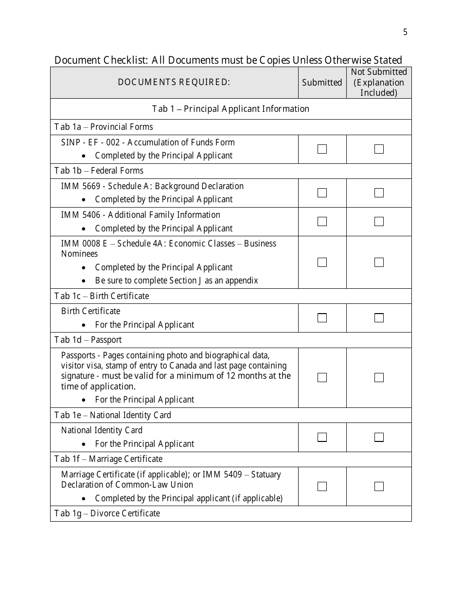 Saskatchewan Immigrant Nominee Program - Entrepreneur Category Document Checklist - Saskatchewan, Canada, Page 5