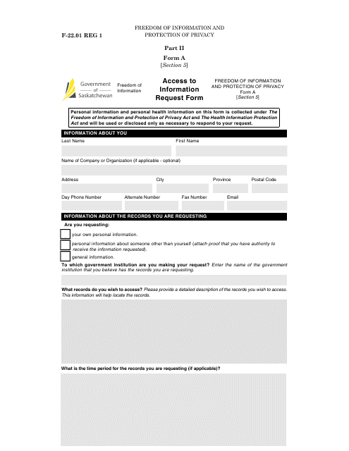 Form A (F-22.01 REG 1) Part II  Printable Pdf