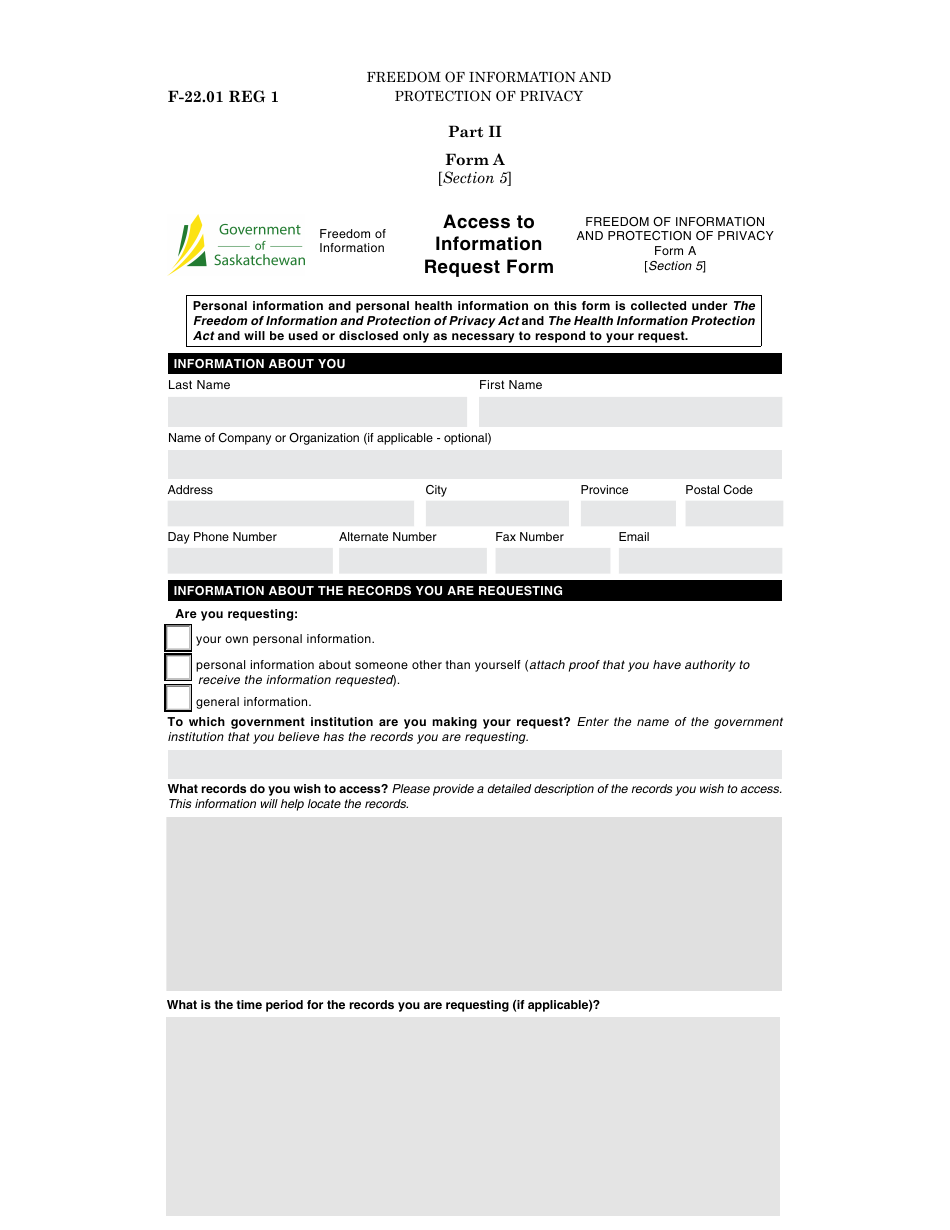 Form A (F-22.01 REG 1) Part II Access to Information Request Form - Saskatchewan, Canada, Page 1