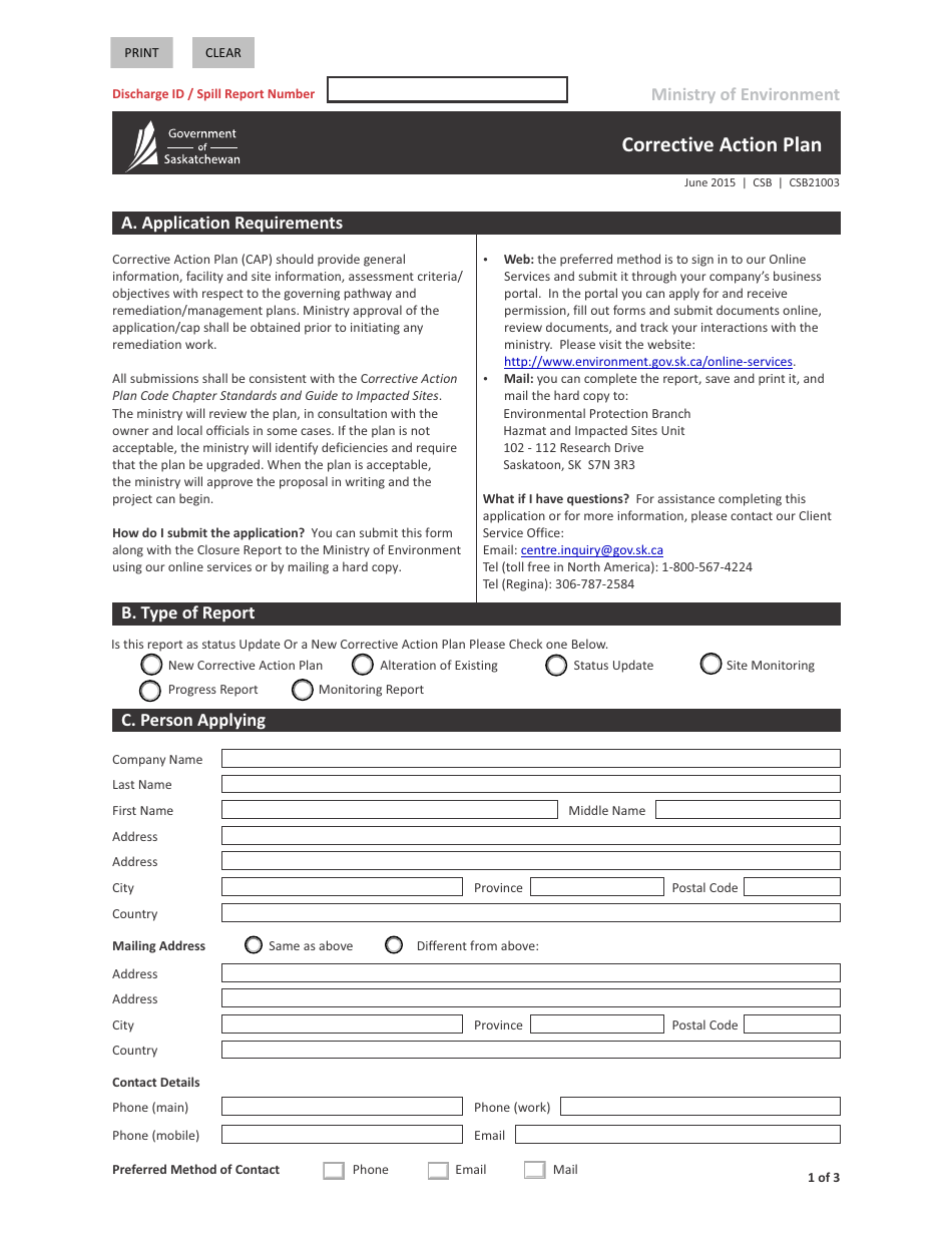Form CSB21003 Corrective Action Plan - Saskatchewan, Canada, Page 1