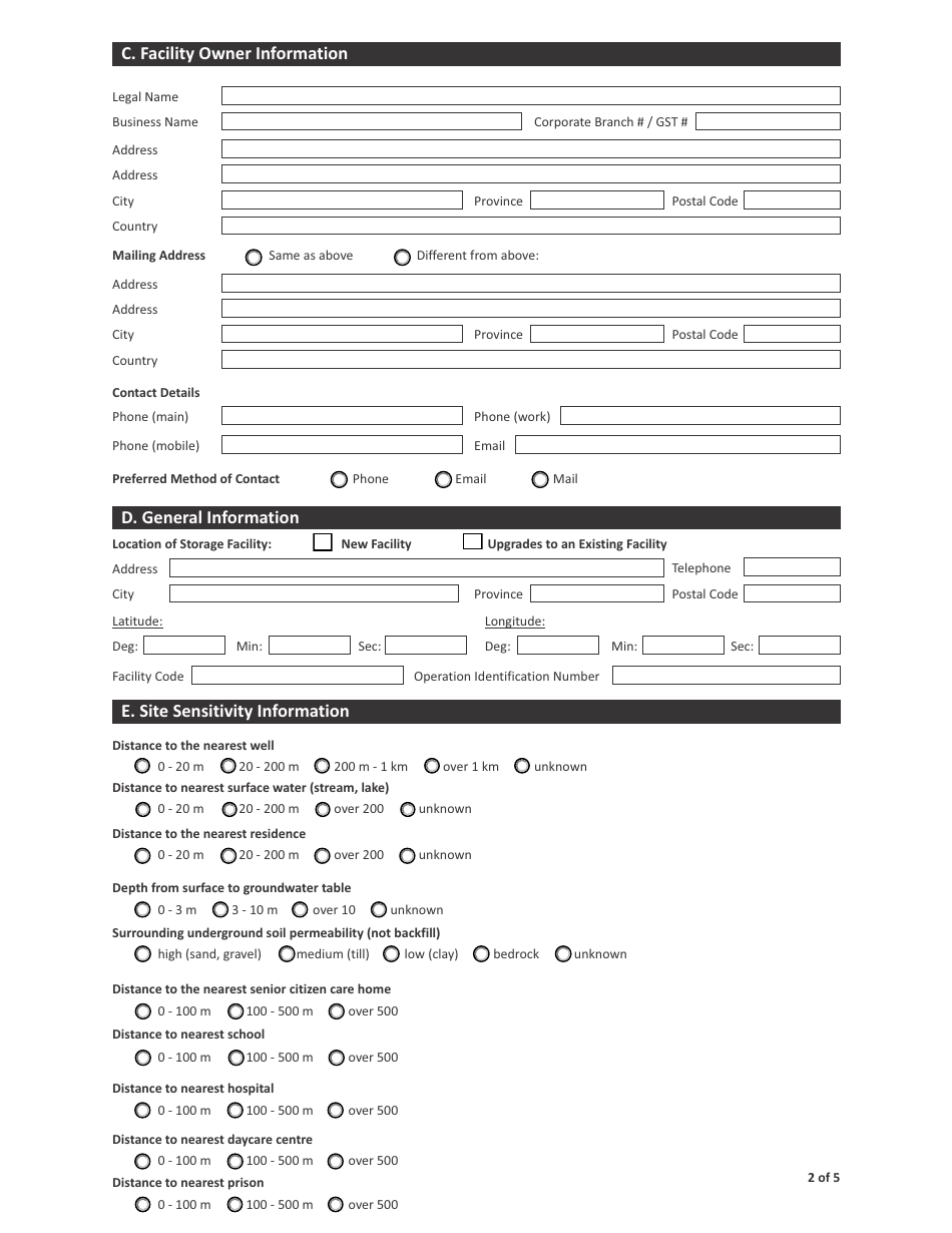 Form CSB13001 Application for Approval to Construct or Upgrade and Operate a Storage Facility - Saskatchewan, Canada, Page 2